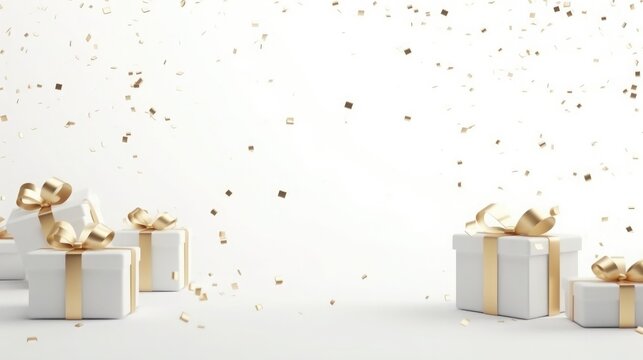 white gift and confetti flying and falling. festive, christmas texture, background. birthday card. place for text.