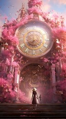 A tiny man stands near a pink, magical, mysterious large clock. past and future. concept of wasting time.