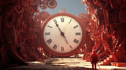 A tiny man stands near a red, magical, mysterious large clock. past and future. concept of wasting time.