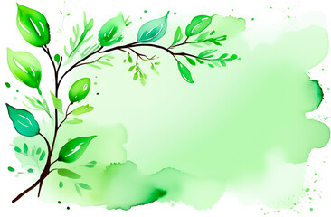 light green background with twigs and green leaves, space for text in the center