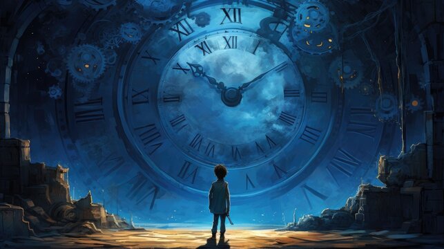 A tiny man stands near a blue, magical, mysterious large clock. past and future. concept of wasting time.