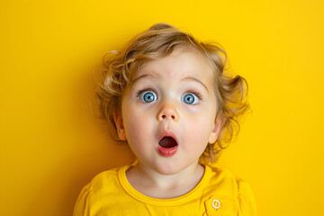 Naklejka premium A cute toddler with a surprised facial expression in front of a yellow background