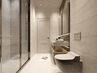 3d render of modern bathroom design with natural stone wall panel, spot lighting and white wall and floor tiles. 3d rendering.