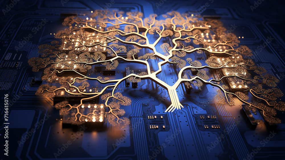 Poster background concept is artificial intelligence, a symbol of nature and growth, a tree of life and a b