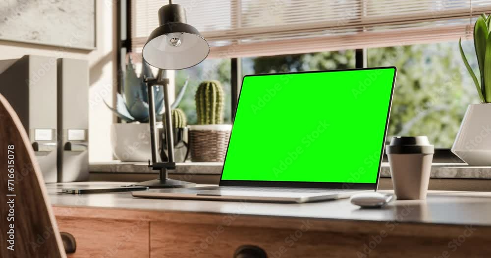 Poster laptop with a blank screen is placed on a stylish wooden desk within a loft-style interior, with gre