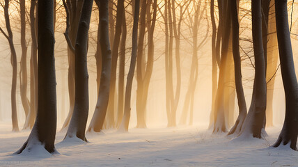 winter landscape, view of the alley in the park in the morning fog at sunrise in the rays of the...