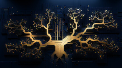 background concept is artificial intelligence, a symbol of nature and growth, a tree of life and a brain integrated and combined with a computer chip, fictional graphics