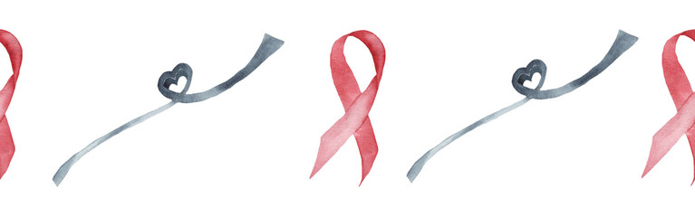 Watercolour illustration of waving ribbon border. Hand drawn watercolor border on white backdrop, isolated border for design.World cancer day.