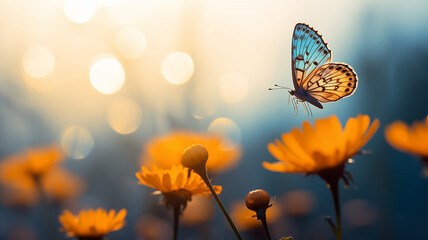 a small blue butterfly on a background of yellow flowers in the morning mist of spring. wildlife on the flower field, the concept of eco cleanliness of ecology and freedom