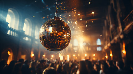 abstract background disco nightclub mirror disco ball with rays of light, silhouette of a crowd of people in the spotlight, and a musical performance, fictional