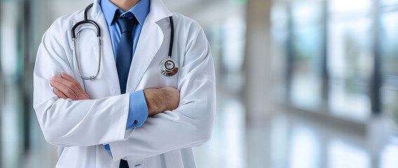 male doctor in blurry background standing,