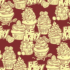 Tasty sweet cupcake dessert decorative seamless vector pattern for textile design, fabric print, digital or wrapping, wall paper, background and backdrop, bakery shop decoration, cafe, restaurant menu