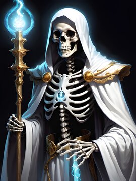 a vector image of a witch with a skull on her head with a glowing wand.