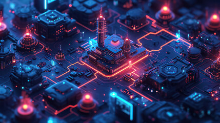 Fototapeta na wymiar Tech Infusion: A Futuristic Network of Digital Intelligence in a Glowing Isometric Cityscape