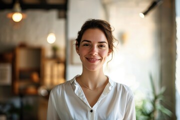 Woman in office smiling looking directly at camera