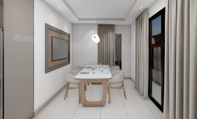 Render of modern kitchen design with TV, spot lighting and dining table. 3d rendering.