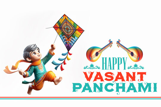 Vibrant Vasant Panchami: Indian Kid Flying Kite Illustration, Joyful Basant Panchami Celebration with Kite Flying Kid, Veena Instrument Background for Vasant Panchami, Indian Kid Flying Kite Illustrat