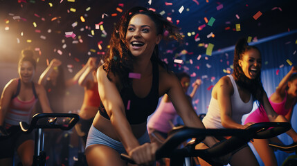 Group of sporty women training on exercise bikes together at gym.