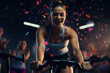 Young beautiful woman in sportswear smiling while cycling at gym.