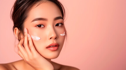 Obraz na płótnie Canvas beauty skin care concept, woman applying anti age cream o serum on skin face 