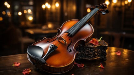 Capture a scene of a beautifully crafted violin. The violin is a classic design,