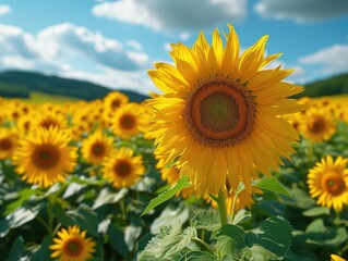 A vibrant sunflower stands tall against a clear blue sky, its large petals glowing with the warmth of summer as it basks in the sun and releases pollen into the landscape