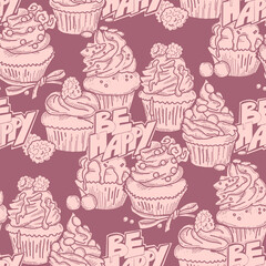 Tasty sweet cupcake dessert decorative seamless vector pattern for textile design, fabric print, digital or wrapping, wall paper, background and backdrop, bakery shop decoration, cafe, restaurant menu