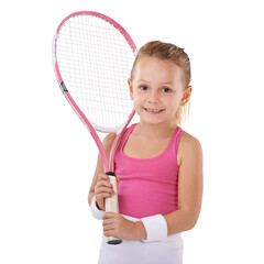 Tennis, sports and portrait of girl on a white background for training, workout and exercise. Fitness, happy and isolated young child with racket for hobby, activity and fun for wellness in studio