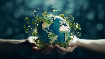 green friendly eco Hands of business people Embracing Green Globe.Protecting Planet Together.Environment Earth Day. Responsibility for the environment. Ecosystem and Organization Development ESG csr