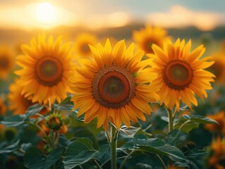 Obraz premium A vibrant field of sunflowers basking in the warm summer sun, their golden petals reaching towards the endless blue sky, while their seeds scatter pollen like stars in the asterales family