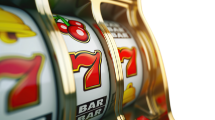 golden casino slots machine with number 7s, transparent background