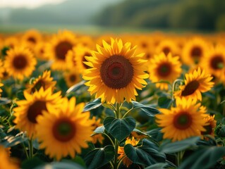 Obraz premium A vibrant sea of golden sunflowers sways under the warm summer sun, their bright petals reaching towards the clear blue sky as they release tiny particles of pollen into the air