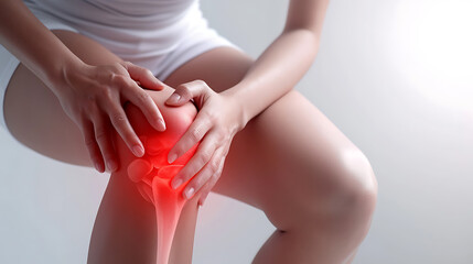woman with a pain in their knee -  Painkiller, medical image woman with hands on knee.  - Powered by Adobe
