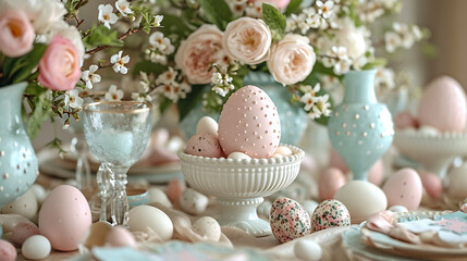 Fototapeta na wymiar easter still life with eggs and flowers - Pastel Easter Table: A Captivating Display of Elegance and Festive Delights