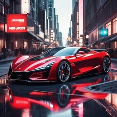 Sleek Red Sports Car in a Futuristic Urban Landscape Illuminated at Dusk