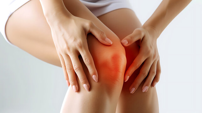 woman with a pain in their knee -  Painkiller, medical image woman with hands on knee. 