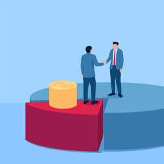 people shake hands for a share of company profits, a metaphor for stock dividends. Simple flat conceptual illustration.