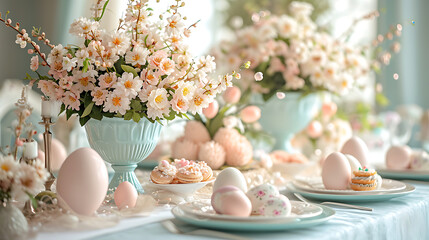 easter still life with eggs and flowers - Pastel Easter Table: A Captivating Display of Elegance and Festive Delights - obrazy, fototapety, plakaty