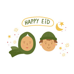 Cartoon Ramadan greeting people, woman and mane faces with text Happy Eid. Vector Islamic concept