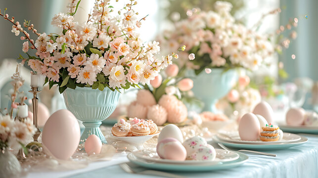 easter still life with eggs and flowers - Pastel Easter Table: A Captivating Display of Elegance and Festive Delights