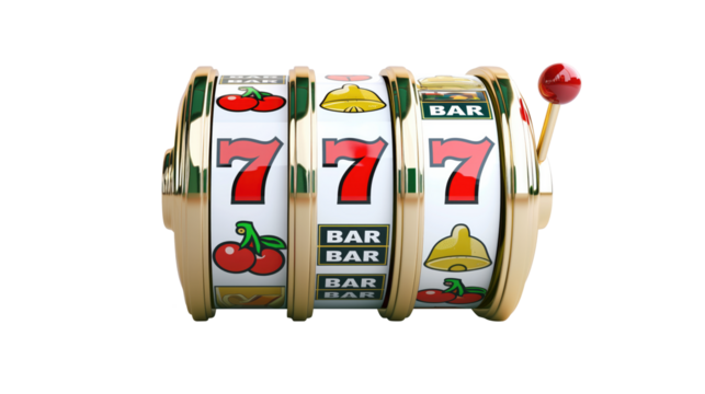 golden casino slots machine with number 7s, transparent background