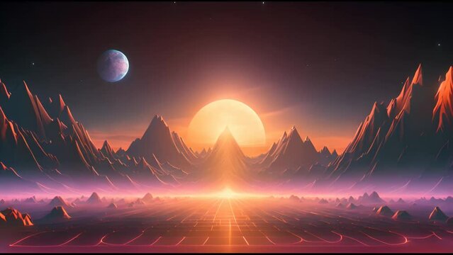 A retro arcade game-inspired wireframe landscape with pixelated mountains and a glowing sun, creating a unique blend of 80s nostalgia and futuristic design. 
