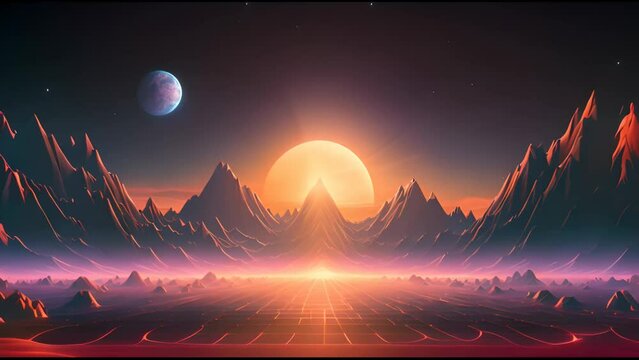 A retro arcade game-inspired wireframe landscape with pixelated mountains and a glowing sun, creating a unique blend of 80s nostalgia and futuristic design. 