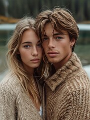 A stylish couple captures the essence of winter fashion in a cozy outdoor portrait, showcasing the warmth of their brown hair, scarves, and sweaters as they pose for a picture with beaming human face