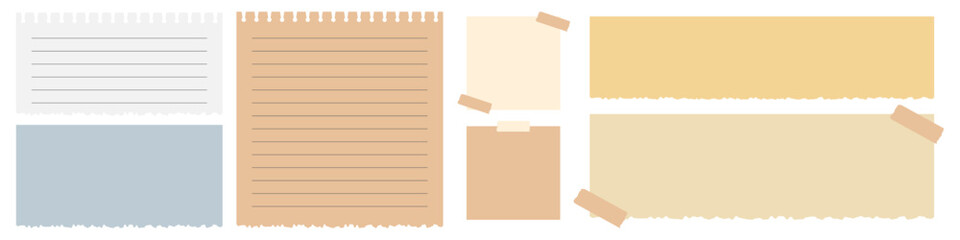 Torn paper sticky note collection. Post it note paper sheet set. Realistic sticky notes with adhesive tape. Old Notebook paper sheet vector.