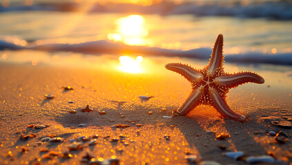 Fototapeta na wymiar a small starfish sits on the beach during sunset