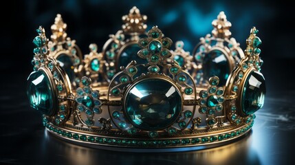 A gold - glowing crown in a dark room, neon lights