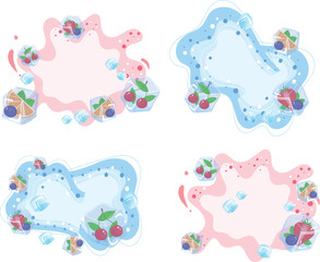 Set of fruit juice splash vector illustrations. Colorful berry and citrus drink splashes with ice cubes and fruit pieces. Summertime beverage and refreshing concept vector illustration.