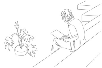 Woman in glasses using notebook. Sitting on stairs close to potted plant. Continuous line drawing. Black and white vector illustration in line art style.