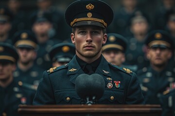 A stoic military officer in a crisp uniform stands proudly, his peaked cap and noncommissioned rank symbolizing his dedication to his country and service to a higher organization - obrazy, fototapety, plakaty